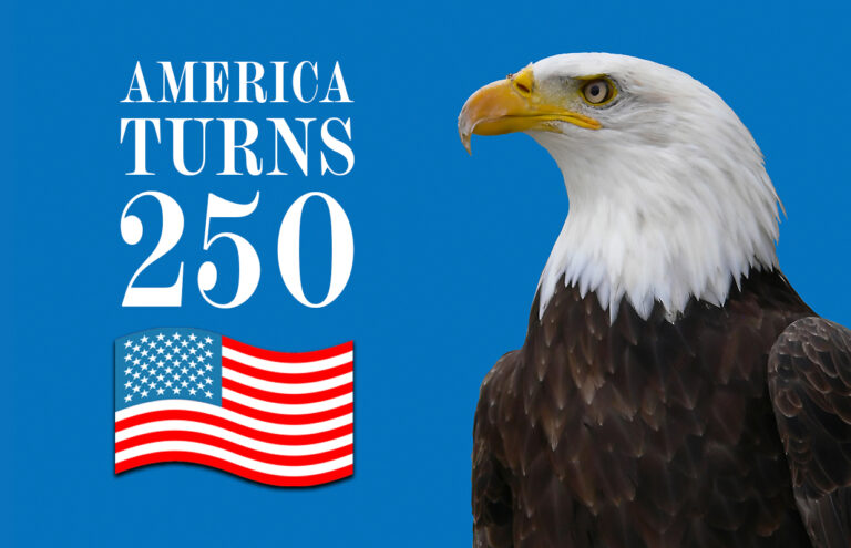 Commemorative graphic: bald eagle on blue background with 'AMERICA TURNS 250' and a waving American flag.