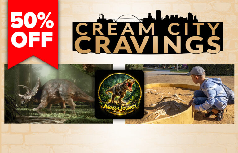 Promotional banner for Cream City Cravings: 50% off with a dinosaur image, a Jurassic Journey app icon, and a child playing in sand nearby.