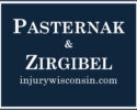 Logo for Pasternak & Zirgibel law firm, with website injurywisconsin.com on a dark blue background