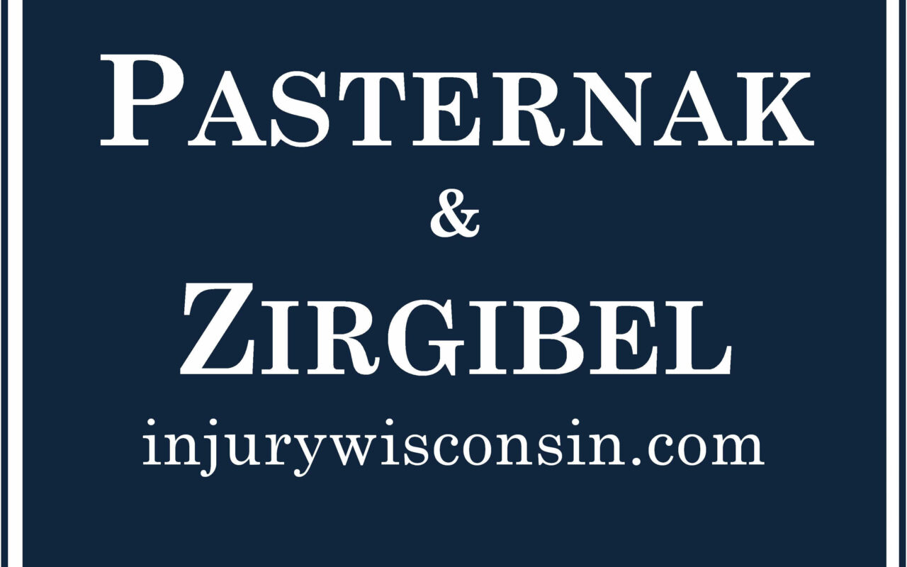 Logo for Pasternak & Zirgibel law firm, with website injurywisconsin.com on a dark blue background