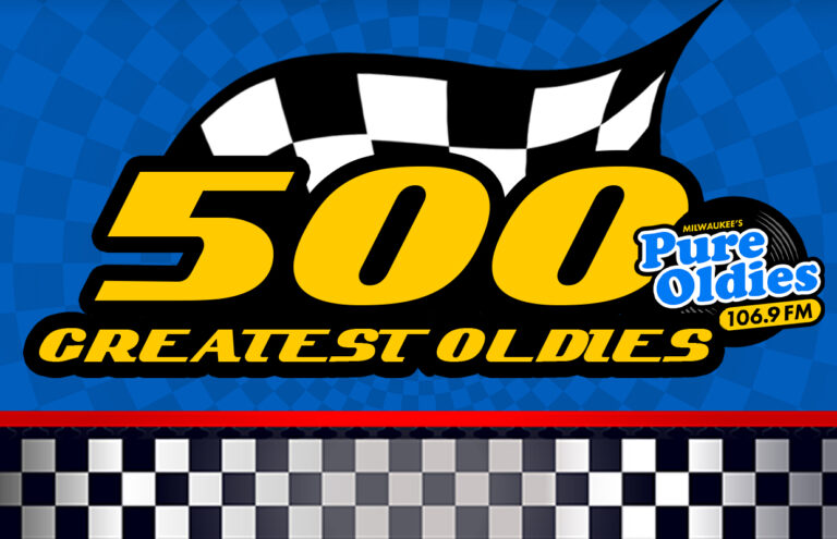 Logo for '500 Greatest Oldies' on Pure Oldies Milwaukee 106.9 FM, blue background with a racing checkered motif and bold yellow text