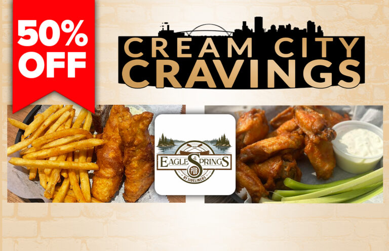 Promotional banner: 50% off at Cream City Cravings with wings and fries, logo in center.