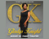 Poster advertising Gladys Knight concert at PABST Theater, August 20, featuring a woman in a black gown against gold glitter letters GK in the background