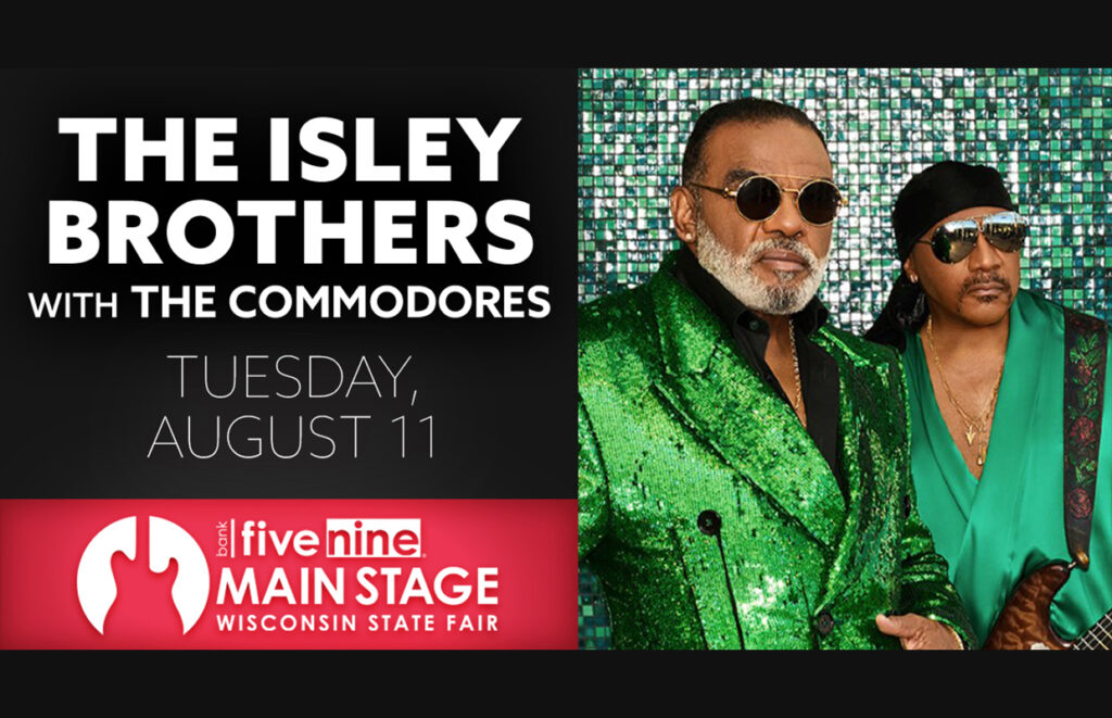 Promo poster for The Isley Brothers with The Commodores at Wisconsin State Fair; left shows bold event text, right features two men in green sequined outfits.