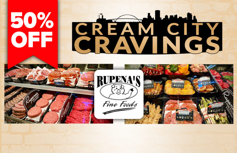 Sale banner: 50% off at Rupena's Cream City Cravings with a deli meat display in the background.
