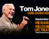 Tom Jones concert poster with a smiling Tom Jones holding a microphone; text reads 'Come Gather Round', 'September 20', Milwaukee Miller High Life Theatre.