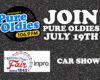 Promotional banner for Pure Oldies 106.9 FM with 'JOIN PURE OLDIES JULY 19TH' on a gravel background, plus a County Fair logo and 'CAR SHOW' text.