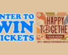 Split image: left side shows bold blue text 'ENTER TO WIN TICKETS' on a tan background; right side shows a 'Happy Together Tour 2026' concert poster with a peace sign and event details (Sep 3, Marcus Performing Arts Center).