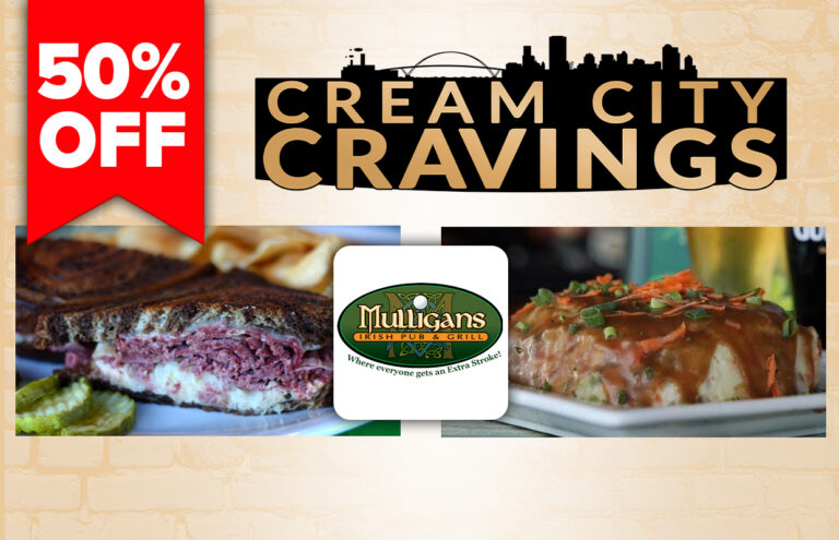 Promotional collage for Cream City Cravings with a red 50% off banner, Mulligans logo, and two plated dishes (beef sandwich and glazed entrée).