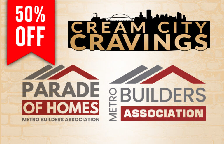 Brand collage with a red 50% OFF banner and Cream City Cravings logo above, and Parade of Homes and Metro Builders Association logos on a beige brick wall.