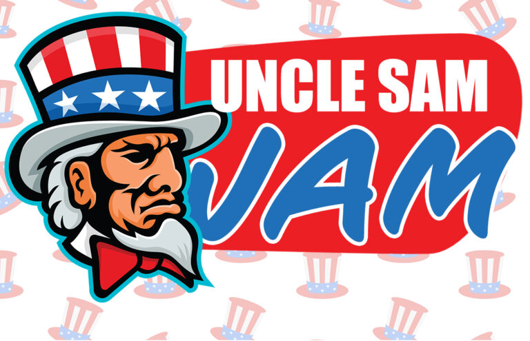 Cartoon Uncle Sam with a red badge reading 'UNCLE SAM' and large blue 'VAM' text, patriotic hat, and a patterned background of small top hats.