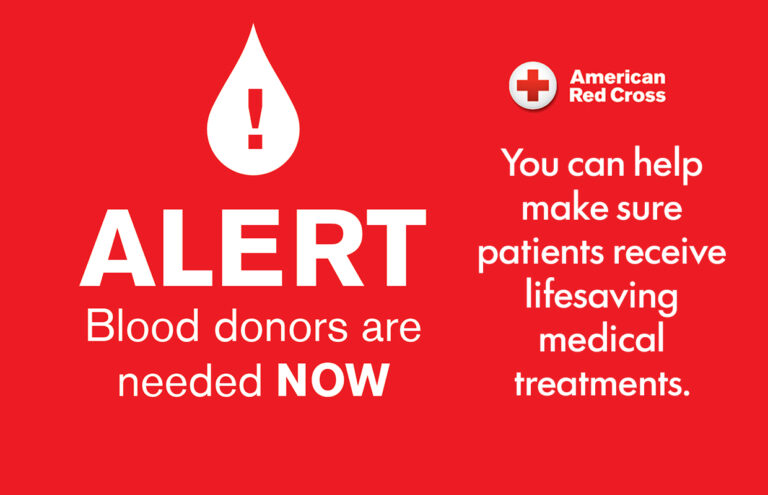 Red background PSA: ALERT—Blood donors are needed NOW; American Red Cross logo on the right with donation message.