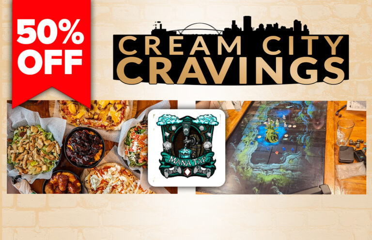 Promotional banner for Cream City Cravings featuring a red 50% OFF ribbon and a collage of pizzas and dishes with a Mana Tap logo center stage.