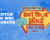 Blue sky background with a large sign that reads 'Enter to win tickets' for Waukesha County Fair, July 15–19.